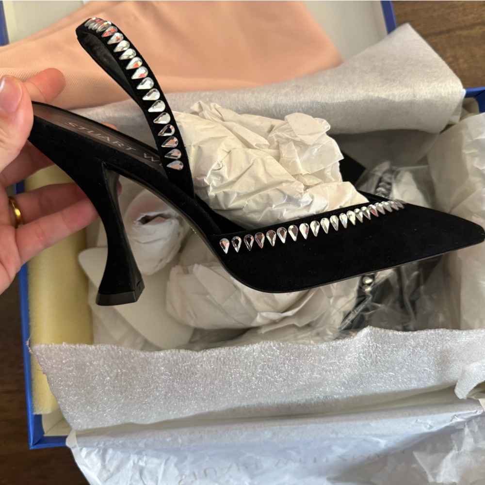 STUART WEITZMAN Gem Cut Crystal Embellished Black Suede Slingback Pumps Size 39 - Picture 5 of 8